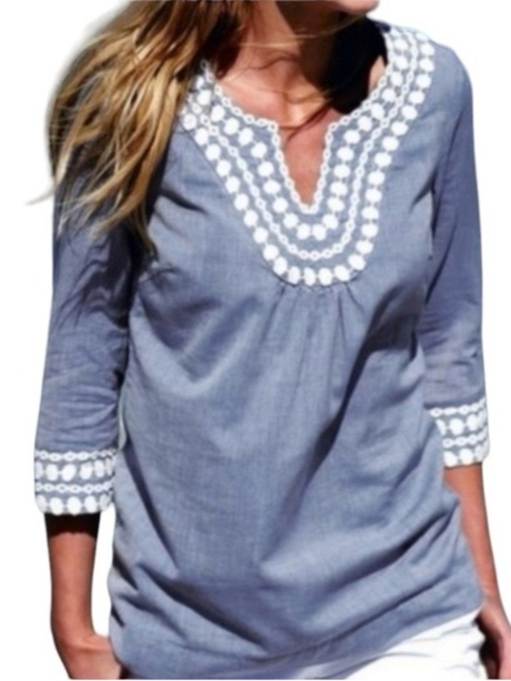 Free Add On Boden Blue Chambray White Embroidered  Tunic Top *Flaw* Size 8
